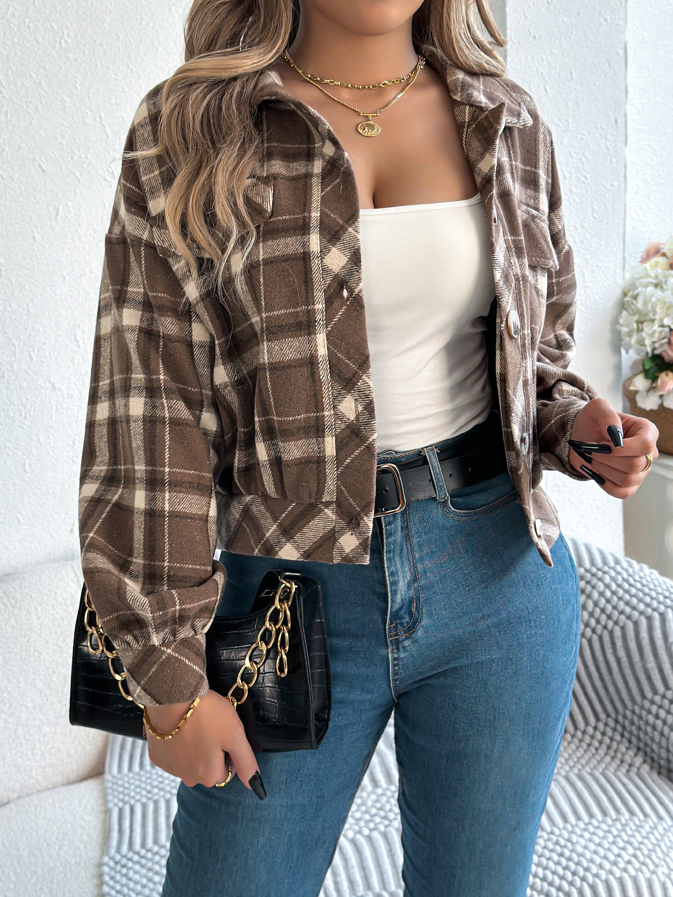 Plaid Button Front Long Sleeve Casual Jacket Coat