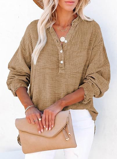 Womens Cotton Textured Long Sleeve Button Blouse