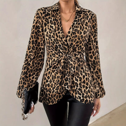 Leopard Print Tie Front V Neck Long Sleeve Blouse