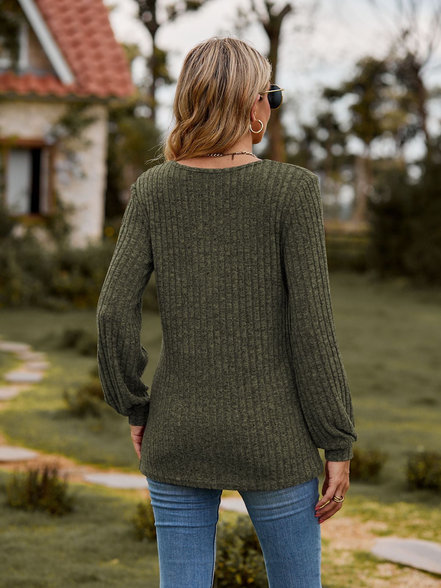 Ribbed Button Front Long Sleeve Knit Top for Women