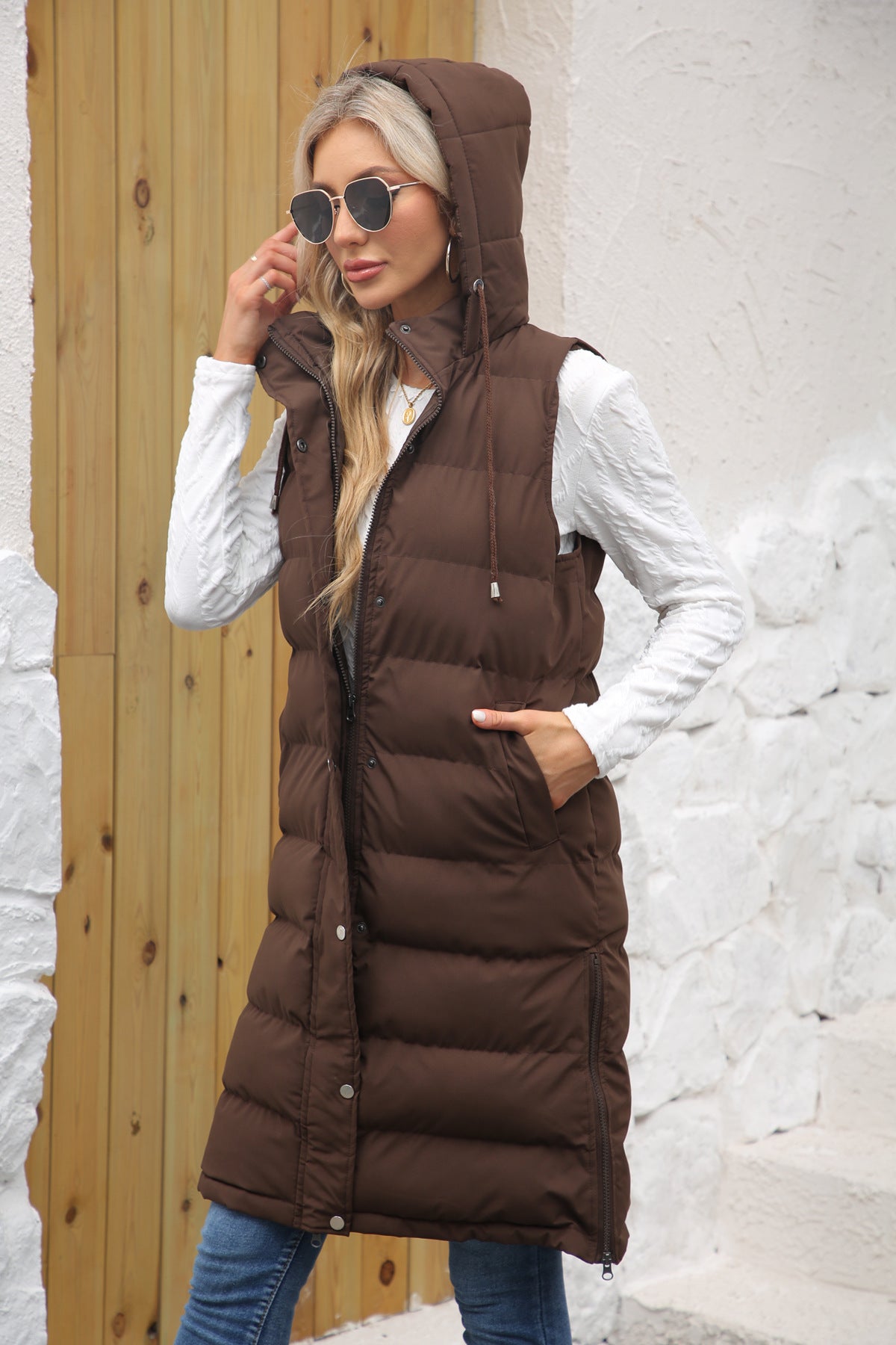 Women's Long Hooded Sleeveless Quilted Puffer Vest
