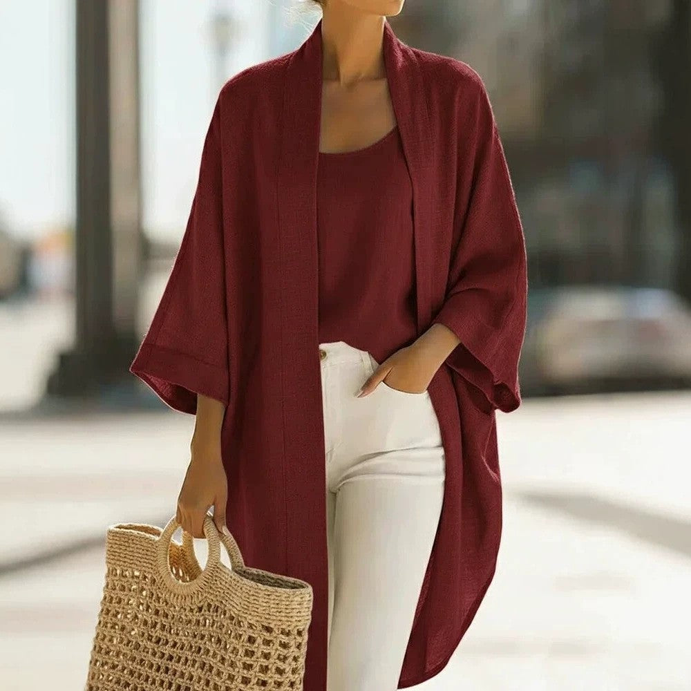 Women's Linen Blend Kimono Cardigan Tank 2 Piece Set
