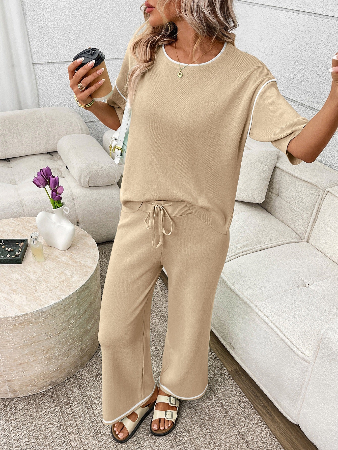 Mint Knit Lounge Set Short Sleeve Top Wide Leg Pants