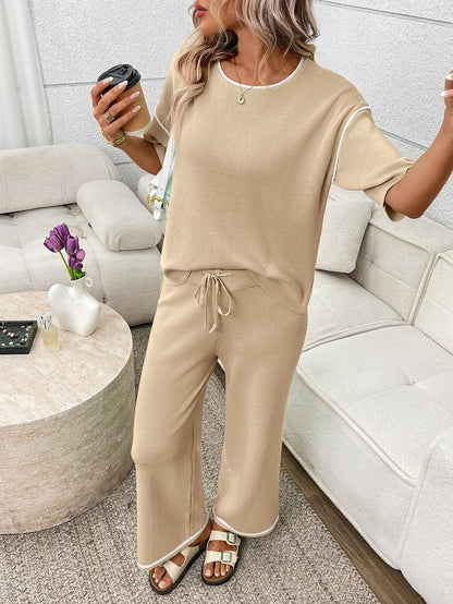 Mint Knit Lounge Set Short Sleeve Top Wide Leg Pants