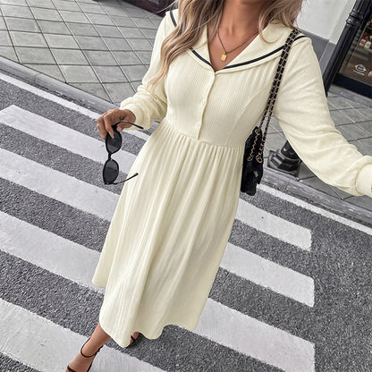 Solid Contrast Trim Sailor Collar Button Midi Dress
