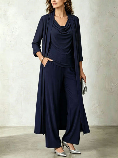 Women's 3 Piece Cowl Neck Top Long Cardigan Pants Set
