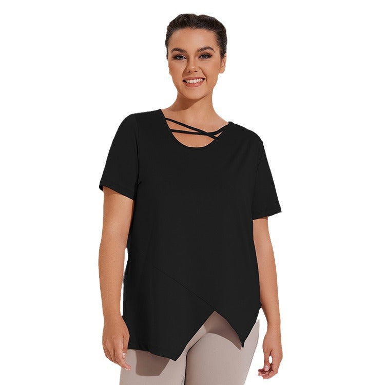 Plus Size Irregular Cross-neck Yoga Quick-drying Short-sleeved T-shirt Elastic Fitness Clothes