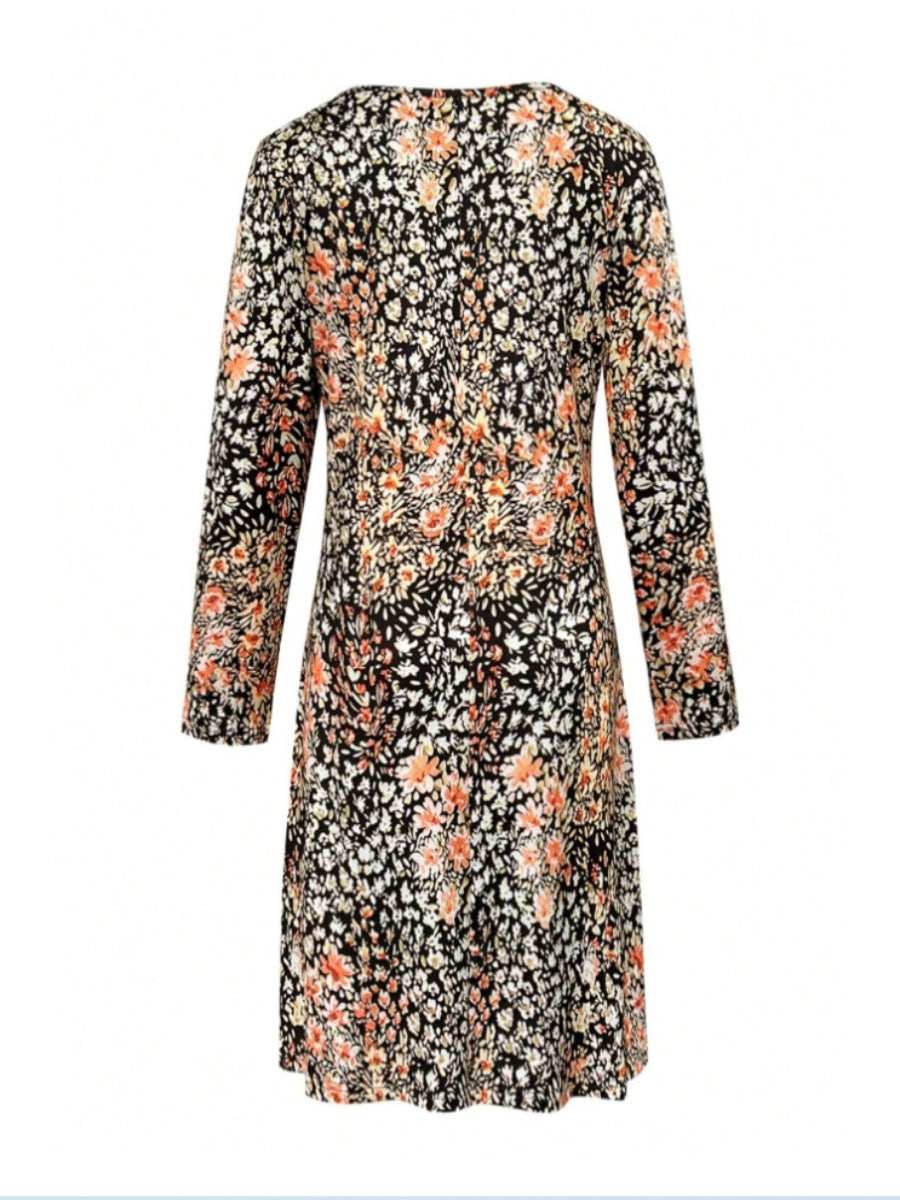 Floral V-Neck Long Sleeve A-Line Midi Dress