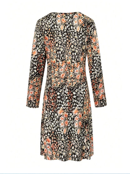 Floral V-Neck Long Sleeve A-Line Midi Dress
