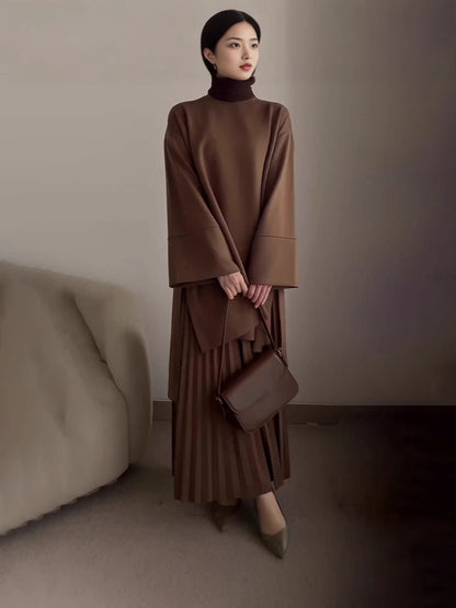 Women Oversized Sweatshirt Pleated Maxi Skirt Set