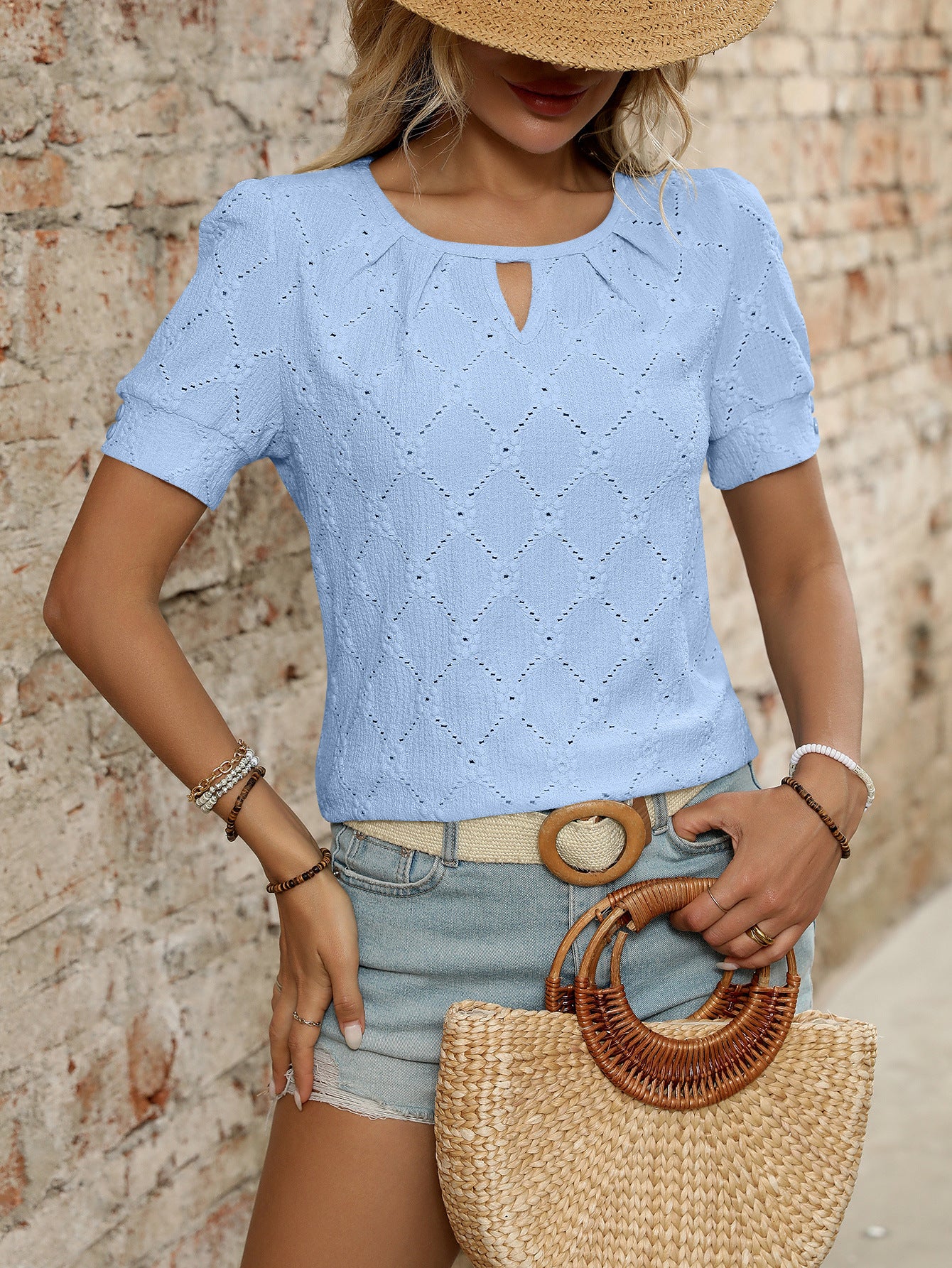 Light Blue Textured Knit Short Sleeve Button Neck Top