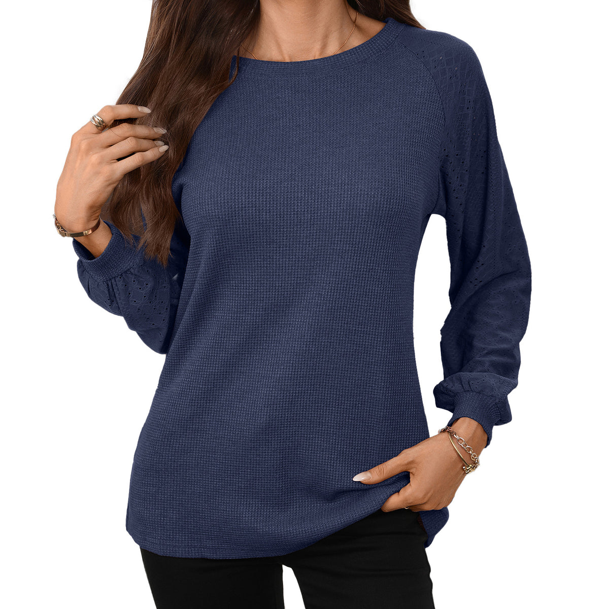 Women's Waffle Knit Raglan Eyelet Long Sleeve Top