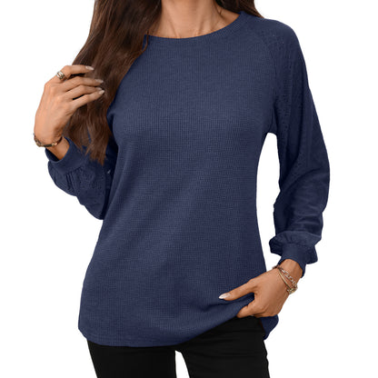 Women's Waffle Knit Raglan Eyelet Long Sleeve Top