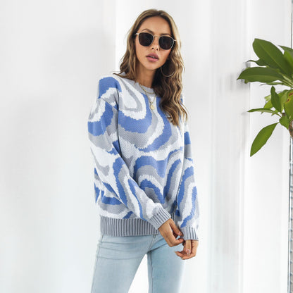 Women's Oversized Abstract Wave Crew Neck Sweater