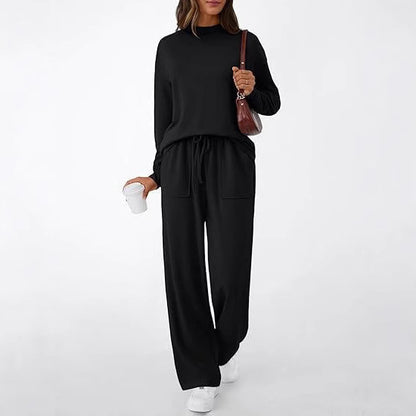 Women's Matching Lounge Set Mock Neck Wide Leg Pocket Pants