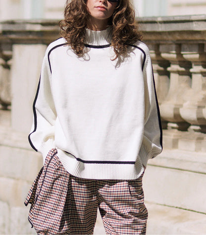 Women's Mock Neck Contrast Trim Oversized Sweater