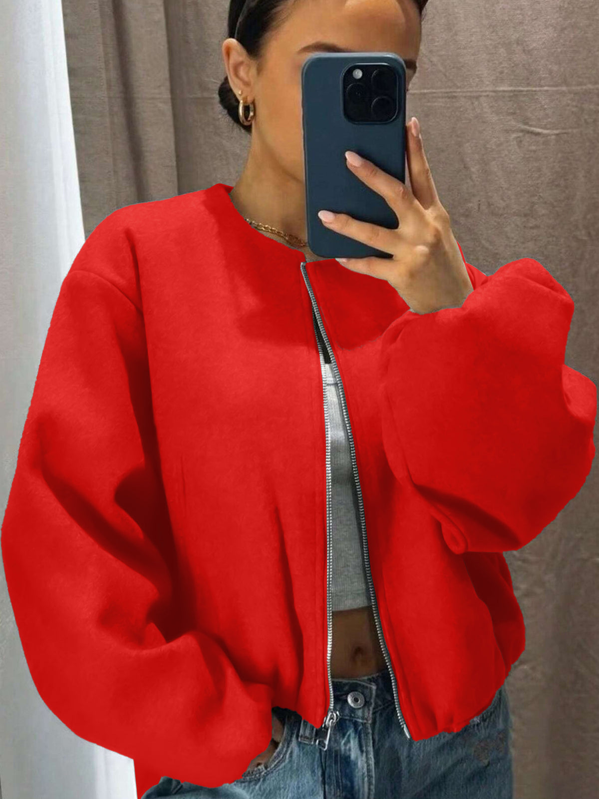 Women's Cropped Zip Up Bomber Jacket Soft Lightweight