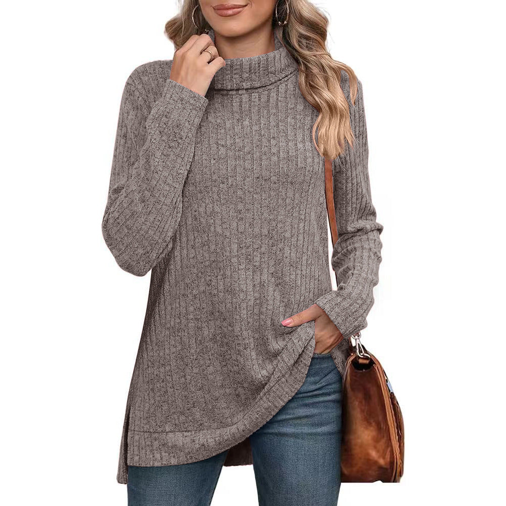 Oversized Ribbed Turtleneck Tunic Top Side Split