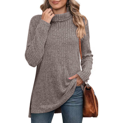 Oversized Ribbed Turtleneck Tunic Top Side Split