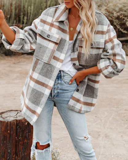 Women's Oversized Plaid Wool Blend Shacket Jacket