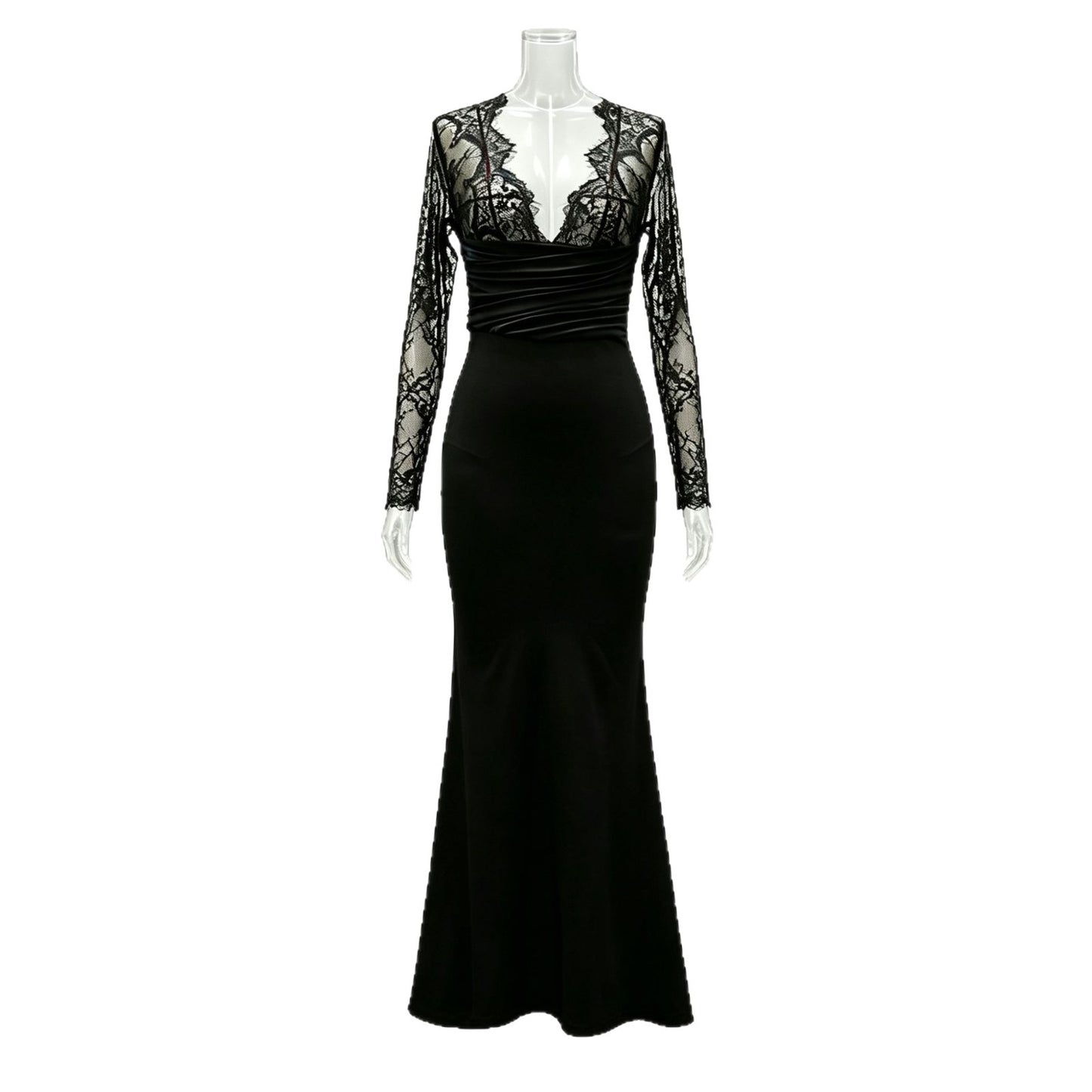 Sexy Black Lace Bodycon Dress Deep V Neck Long Sleeve