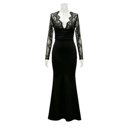 Sexy Black Lace Bodycon Dress Deep V Neck Long Sleeve