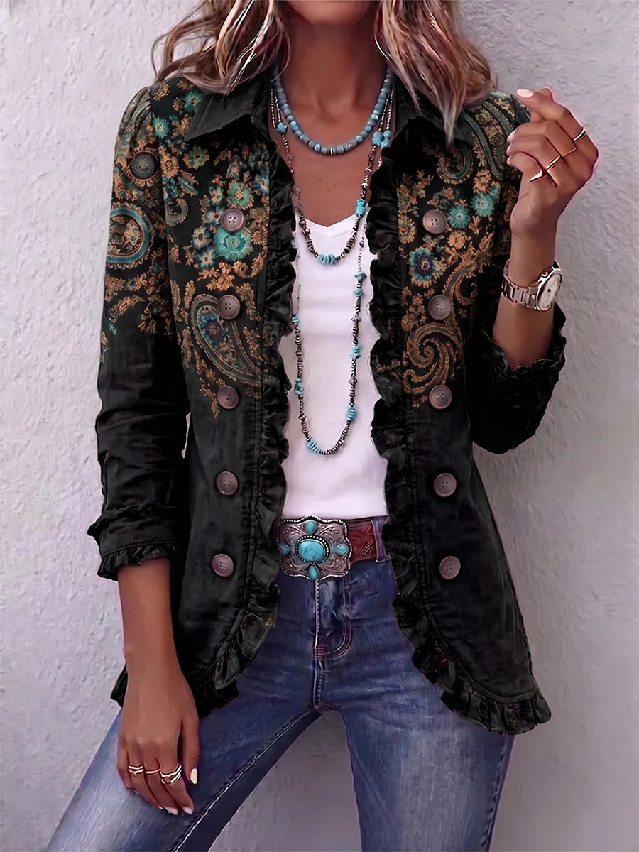 Women's Leopard Ruffle Button Down Long Sleeve Cardigan