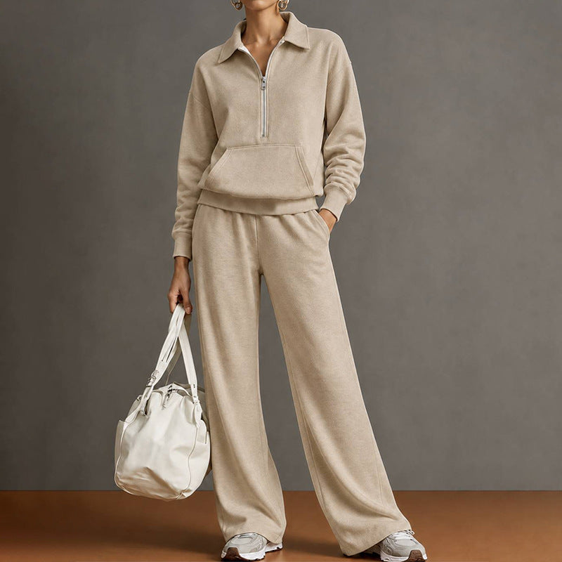 Women's Quarter Zip Sweatshirt Wide Leg Pants 2 Piece Set