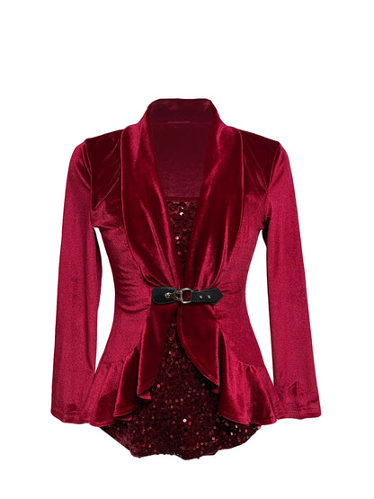 Women's Long Sleeve Velvet Sequin Belted Peplum Top