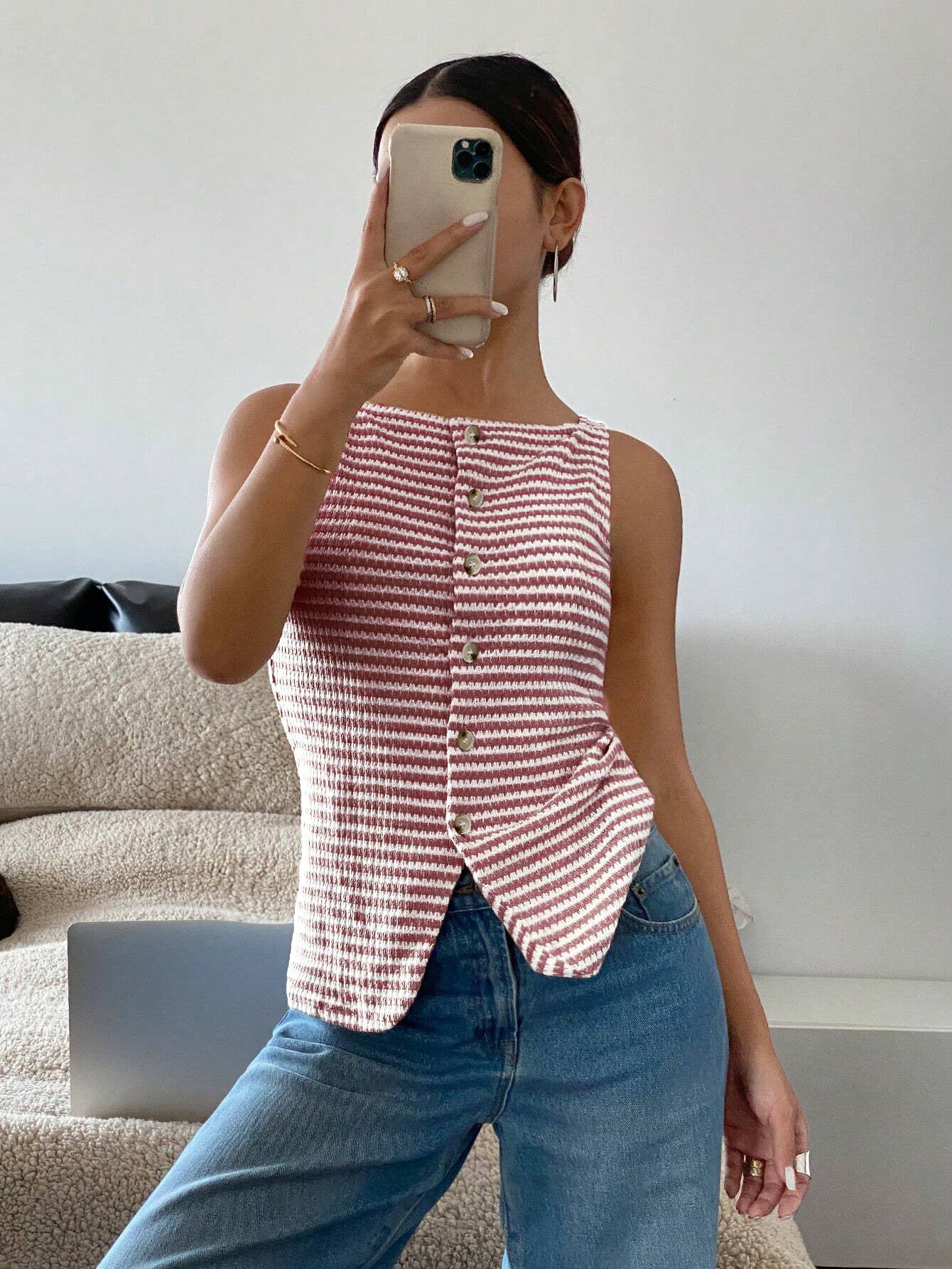 Women’s Striped Button Front Sleeveless Tank Top