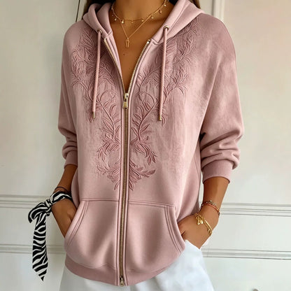Women's Floral Embroidered Zip Up Hoodie Vintage Casual