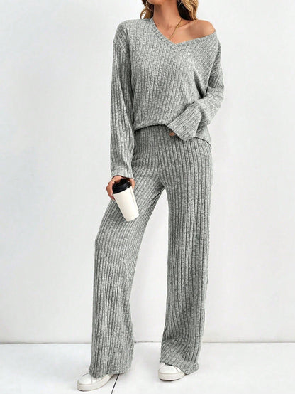 Women's Ribbed Two Piece Lounge Set Wide Leg Pants