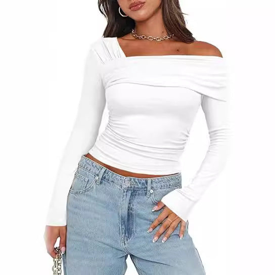 Women's One Shoulder Ruched Long Sleeve Crop Top Y2K