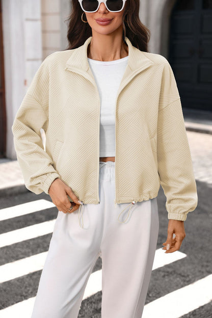 Quilted Zip Sweatshirt Drawstring Cropped Jacket