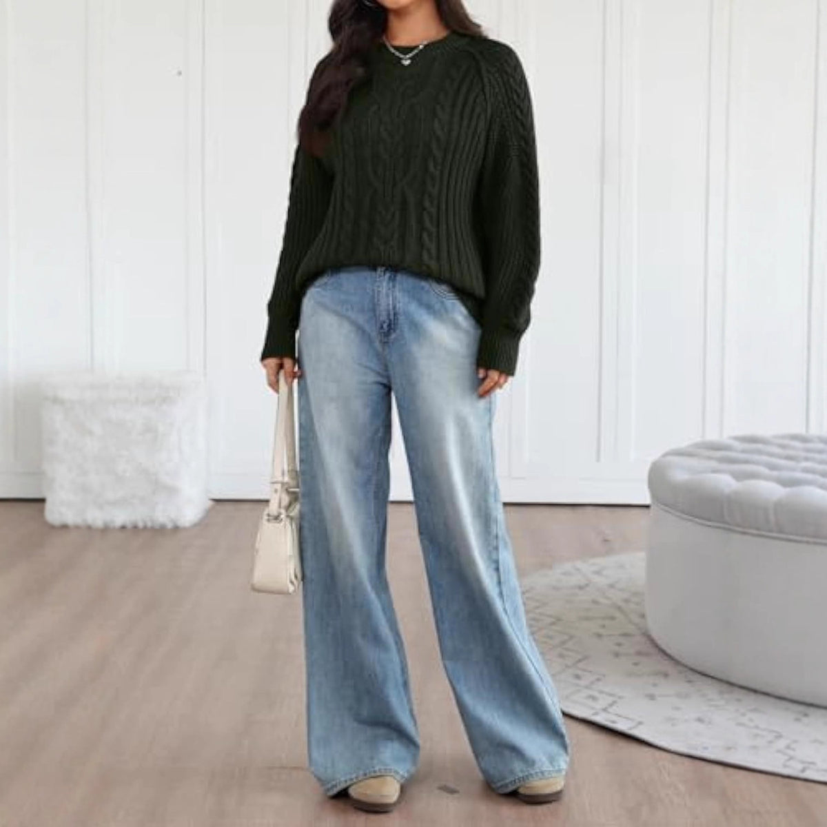 Women's Oversized Cable Knit Crew Neck Pullover Sweater