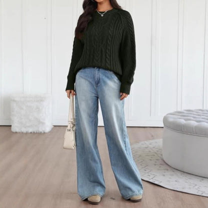 Women's Oversized Cable Knit Crew Neck Pullover Sweater
