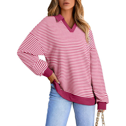 Women's Striped V-Neck Collared Long Sleeve Sweatshirt