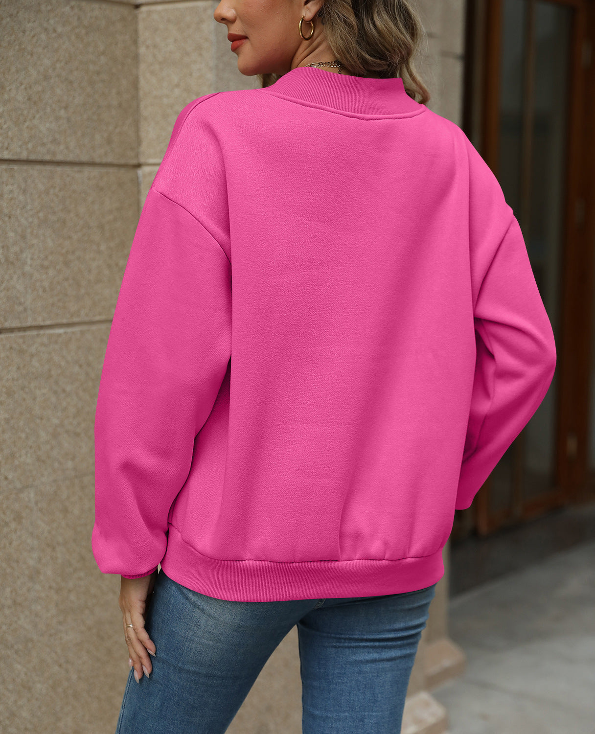 Colorblock V Neck Fleece Sweatshirt Women Casual Pullover Top