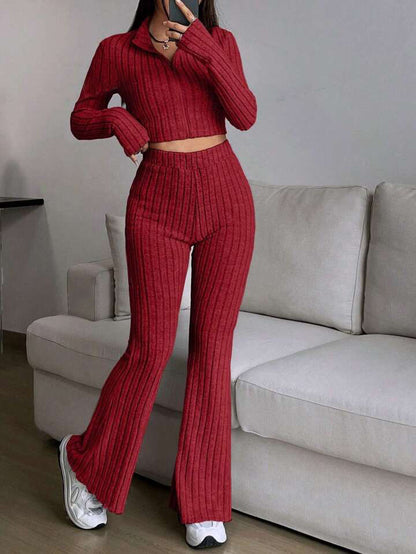 Women's Ribbed Zip Up Crop Top & High Waist Flare Pants Set