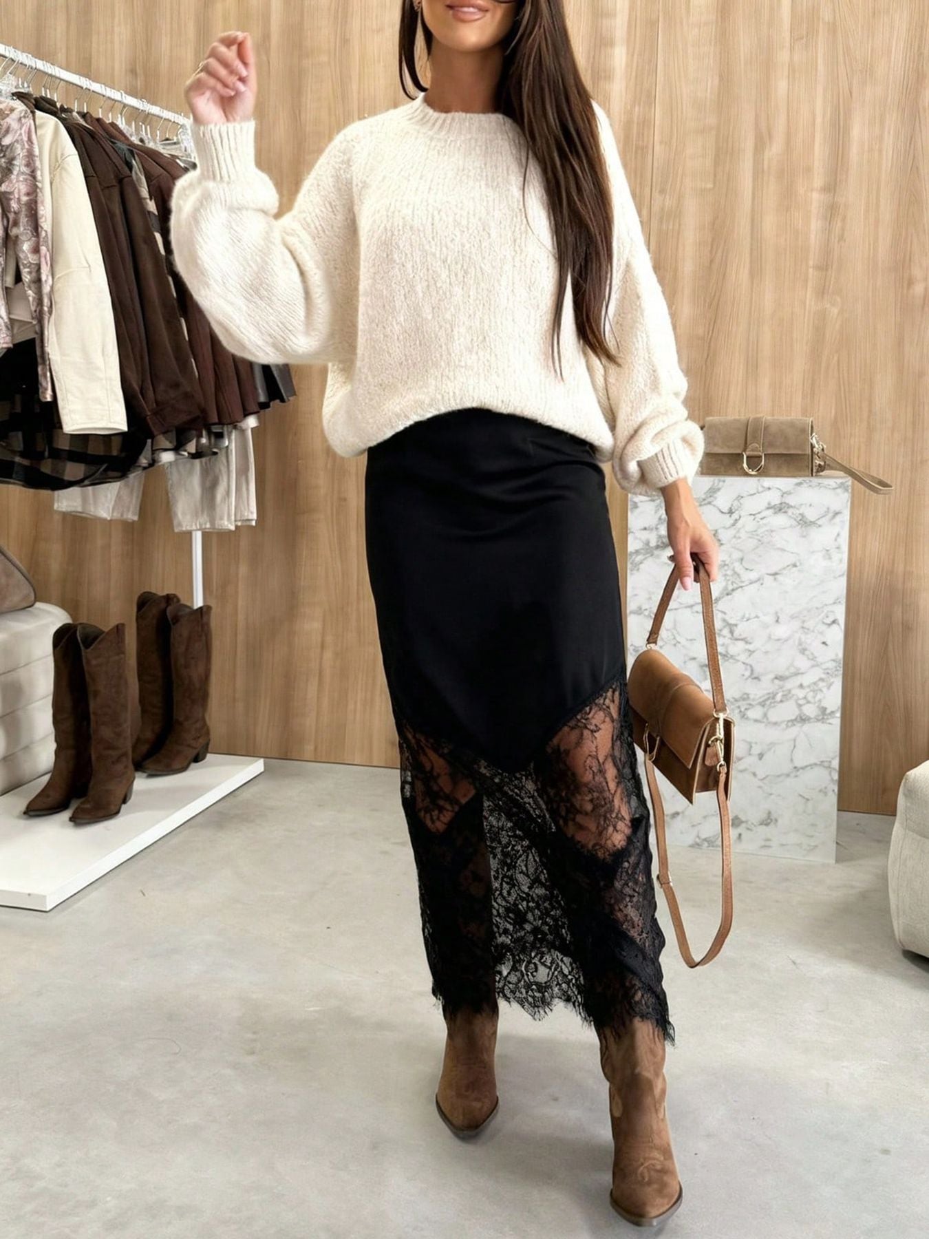 Women Satin Lace Patchwork Midi Skirt Bodycon