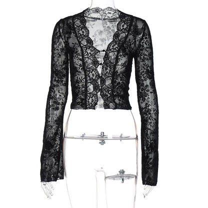Sexy Leopard Mesh Lace Trim Cardigan Top
