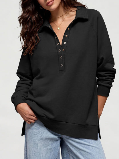 Women's Oversized Collared Button Pullover Sweatshirt