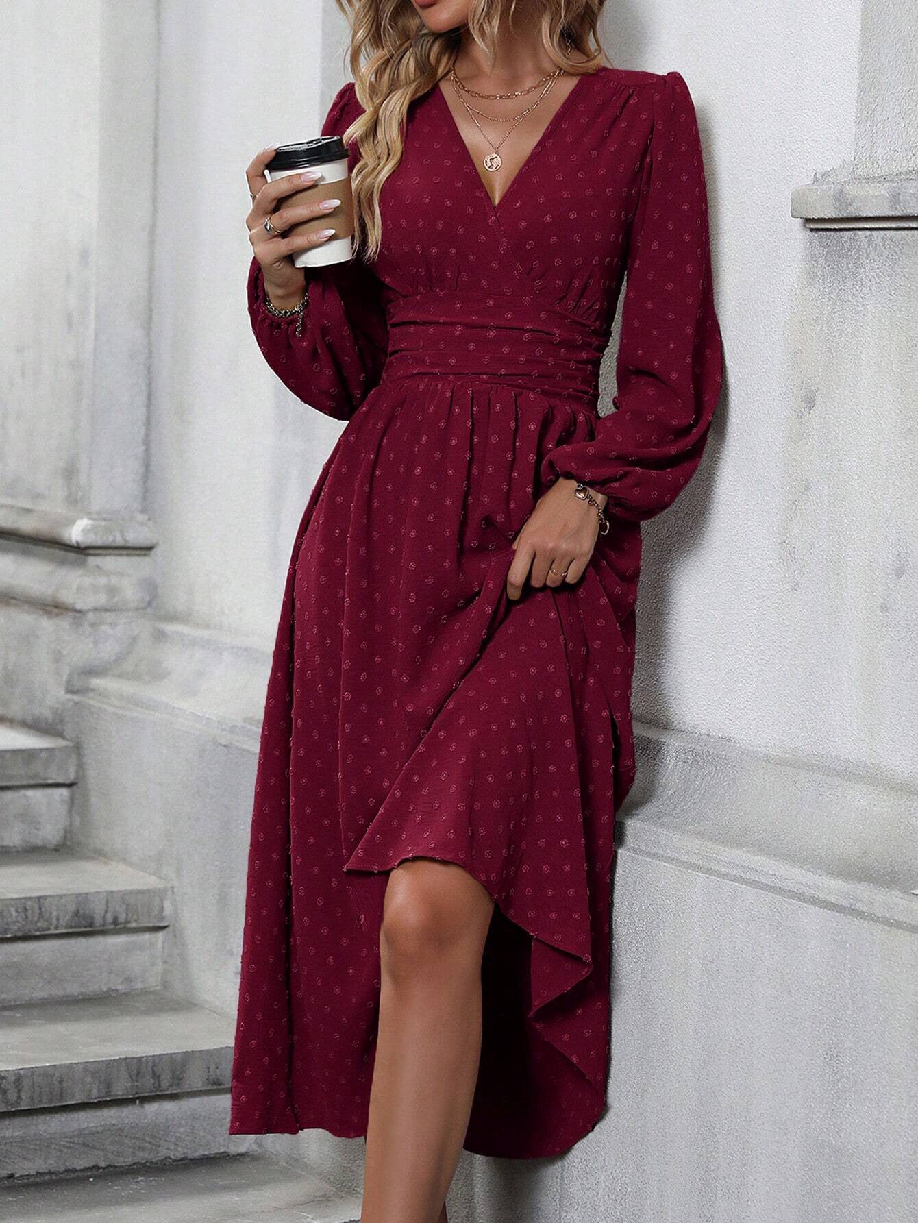 Women's V-Neck Lantern Sleeve Smocked Waist Midi Dress