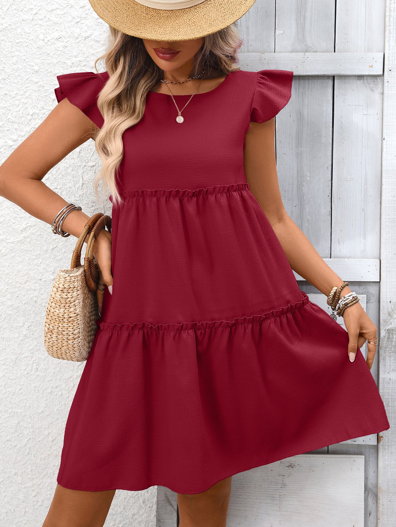 Solid Chiffon Mini Dress Boho Tiered Ruffle Flutter Sleeve