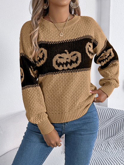 Women's Halloween Pumpkin Color Block Crewneck Sweater