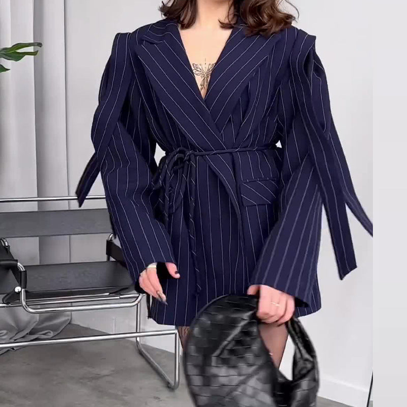 Women's Striped Belted Blazer Casual Lapel Short Jacket