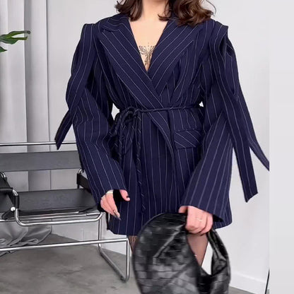 Women's Striped Belted Blazer Casual Lapel Short Jacket