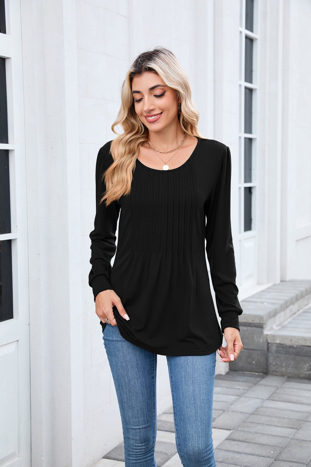 Women's Long Sleeve Pleated Tunic Top Loose Casual Blouse