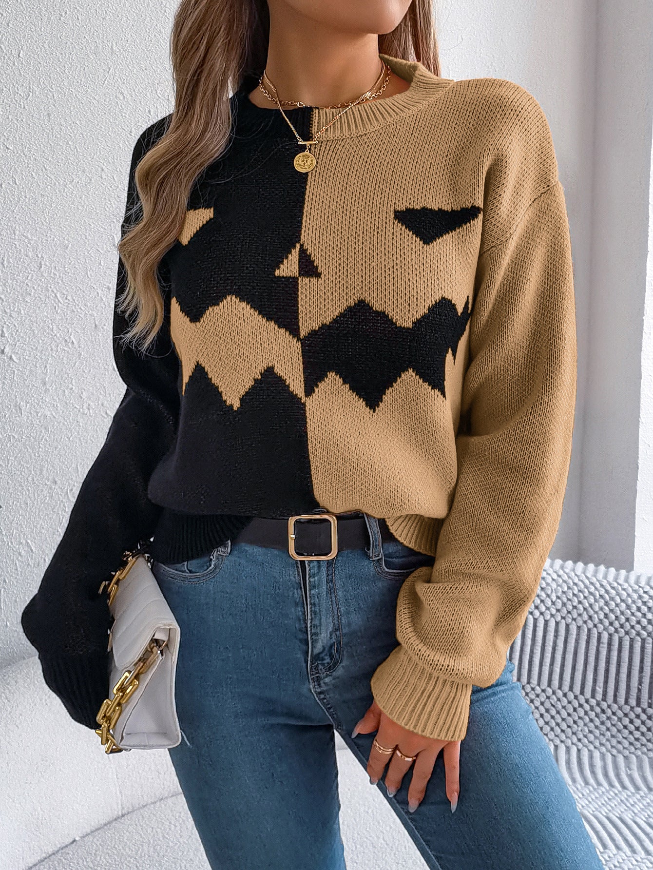Ghost Pumpkin Colorblock Long Sleeve Sweater for Fall & Halloween