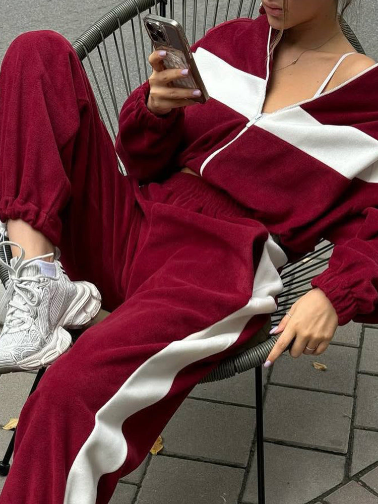 Womens Color Block Zip Up Tracksuit 2 Piece Set